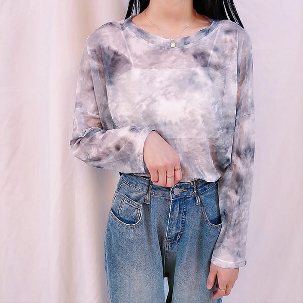 women's t-shirt summer fashion woman tie-dyed mesh sunscreen tees casual female korean style o-neck long sleeves ladies thin loose, White